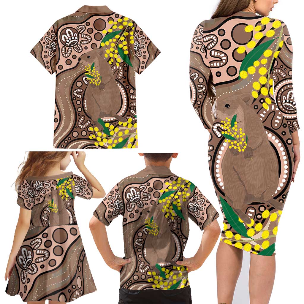 Australia Cute Quokka Family Matching Long Sleeve Bodycon Dress and Hawaiian Shirt Indigenous Art With Golden Wattle