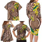 Australia Cute Quokka Family Matching Long Sleeve Bodycon Dress and Hawaiian Shirt Indigenous Art With Golden Wattle