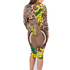 Australia Cute Quokka Family Matching Long Sleeve Bodycon Dress and Hawaiian Shirt Indigenous Art With Golden Wattle