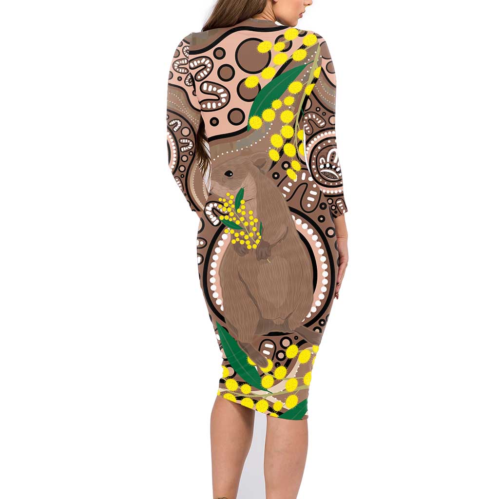 Australia Cute Quokka Family Matching Long Sleeve Bodycon Dress and Hawaiian Shirt Indigenous Art With Golden Wattle