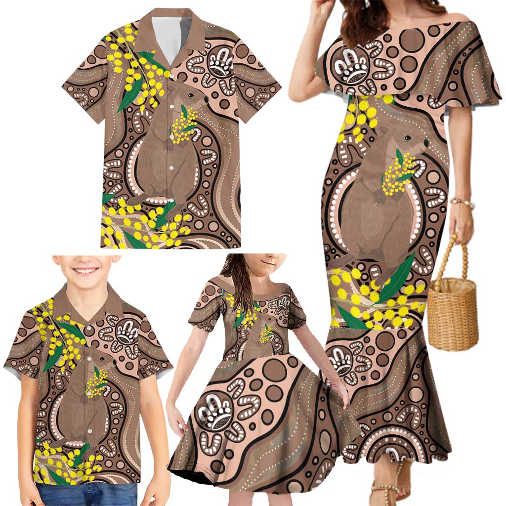 Australia Cute Quokka Family Matching Mermaid Dress and Hawaiian Shirt Indigenous Art With Golden Wattle