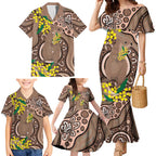 Australia Cute Quokka Family Matching Mermaid Dress and Hawaiian Shirt Indigenous Art With Golden Wattle