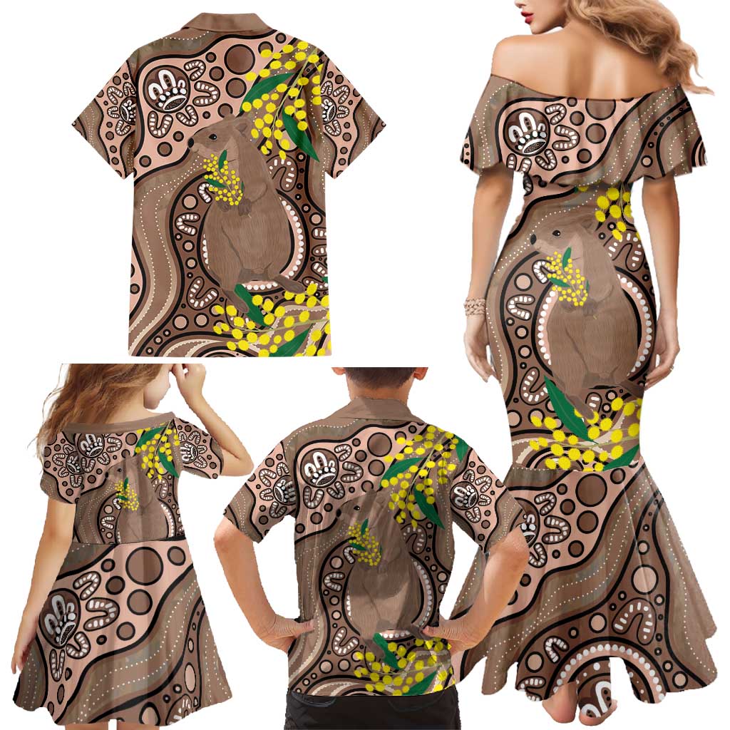 Australia Cute Quokka Family Matching Mermaid Dress and Hawaiian Shirt Indigenous Art With Golden Wattle
