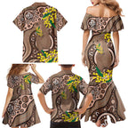 Australia Cute Quokka Family Matching Mermaid Dress and Hawaiian Shirt Indigenous Art With Golden Wattle