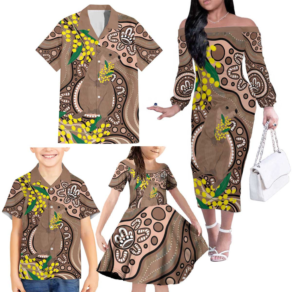 Australia Cute Quokka Family Matching Off The Shoulder Long Sleeve Dress and Hawaiian Shirt Indigenous Art With Golden Wattle