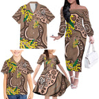 Australia Cute Quokka Family Matching Off The Shoulder Long Sleeve Dress and Hawaiian Shirt Indigenous Art With Golden Wattle