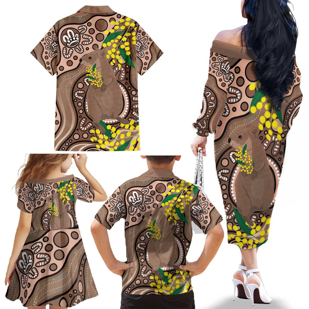 Australia Cute Quokka Family Matching Off The Shoulder Long Sleeve Dress and Hawaiian Shirt Indigenous Art With Golden Wattle