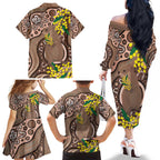Australia Cute Quokka Family Matching Off The Shoulder Long Sleeve Dress and Hawaiian Shirt Indigenous Art With Golden Wattle
