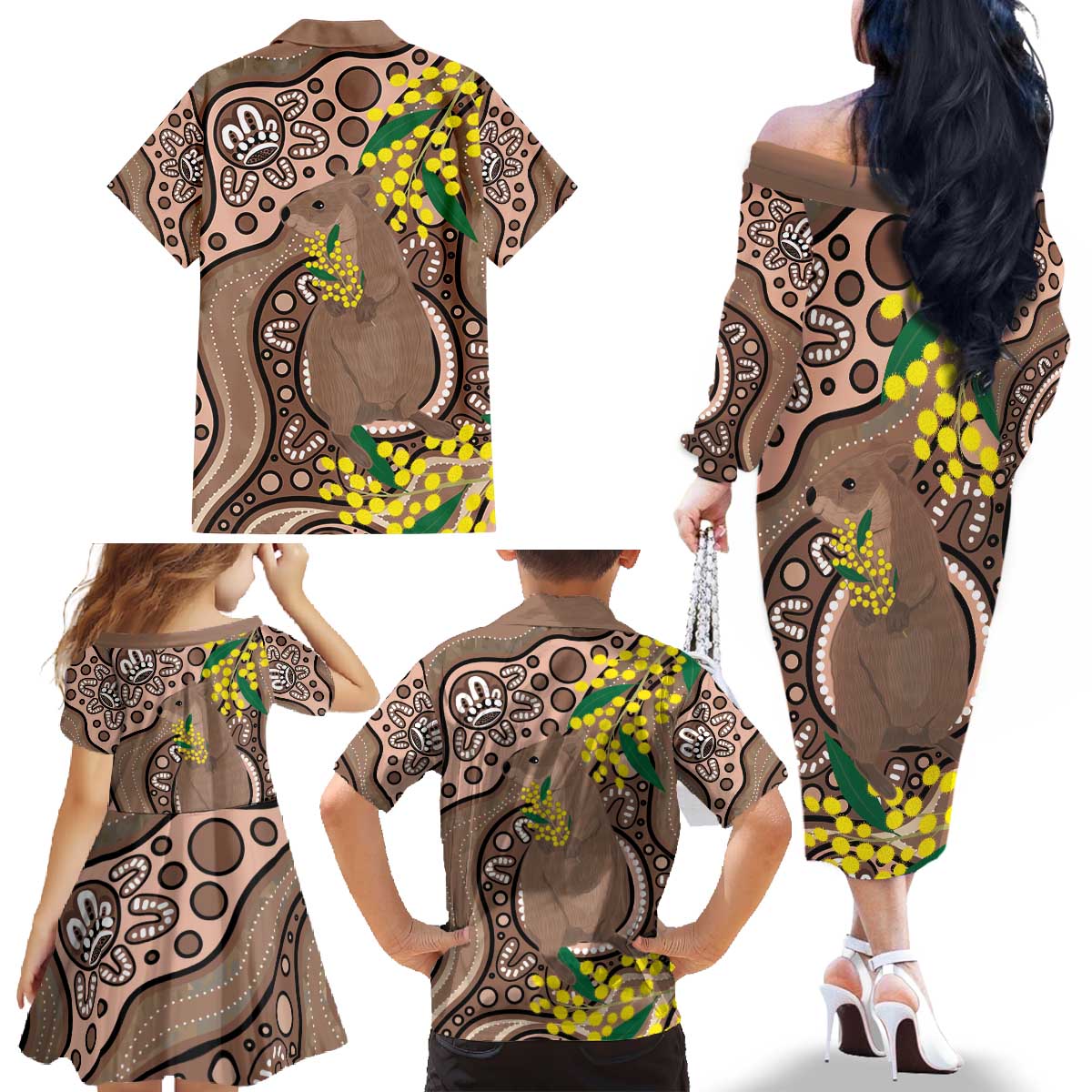 Australia Cute Quokka Family Matching Off The Shoulder Long Sleeve Dress and Hawaiian Shirt Indigenous Art With Golden Wattle