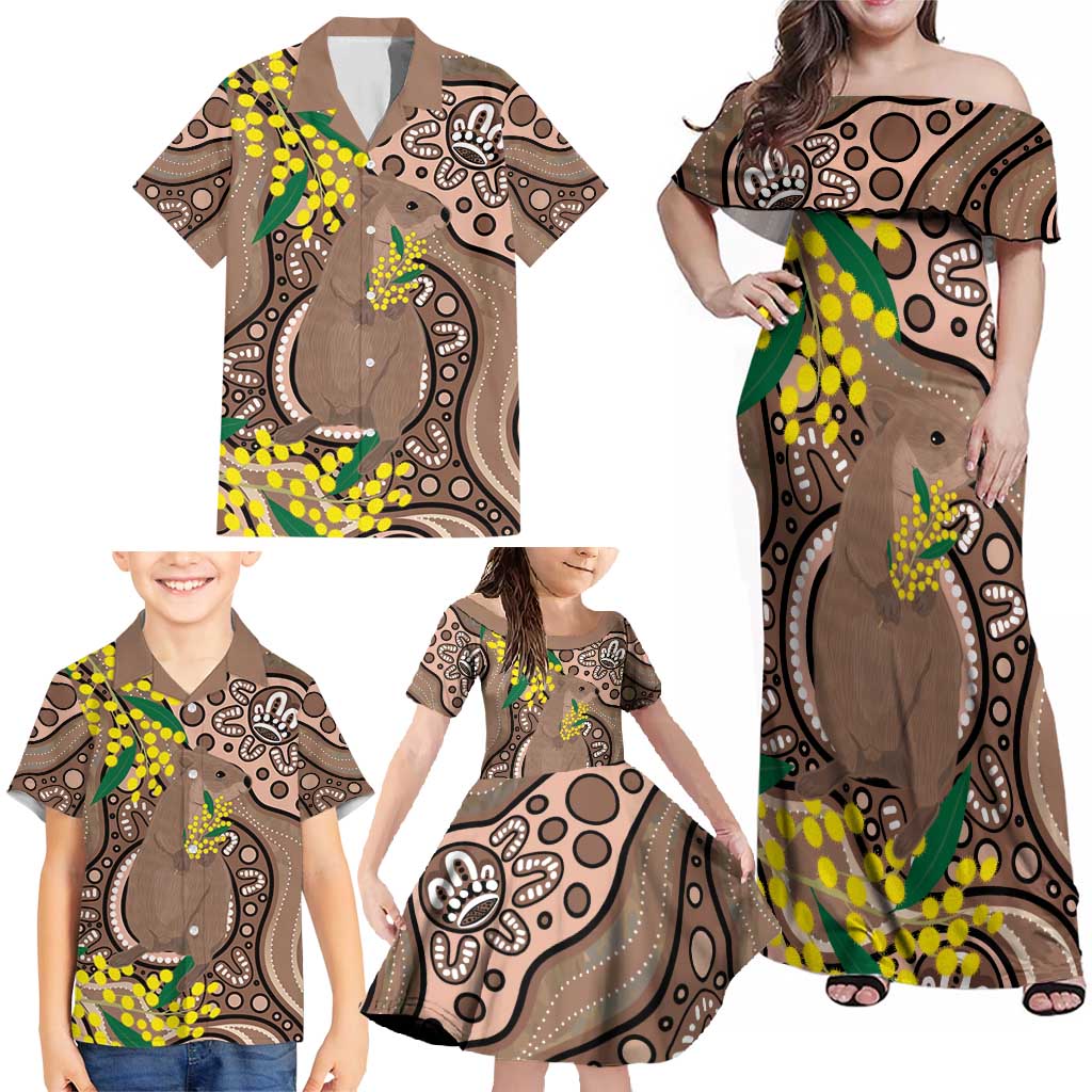 Australia Cute Quokka Family Matching Off Shoulder Maxi Dress and Hawaiian Shirt Indigenous Art With Golden Wattle