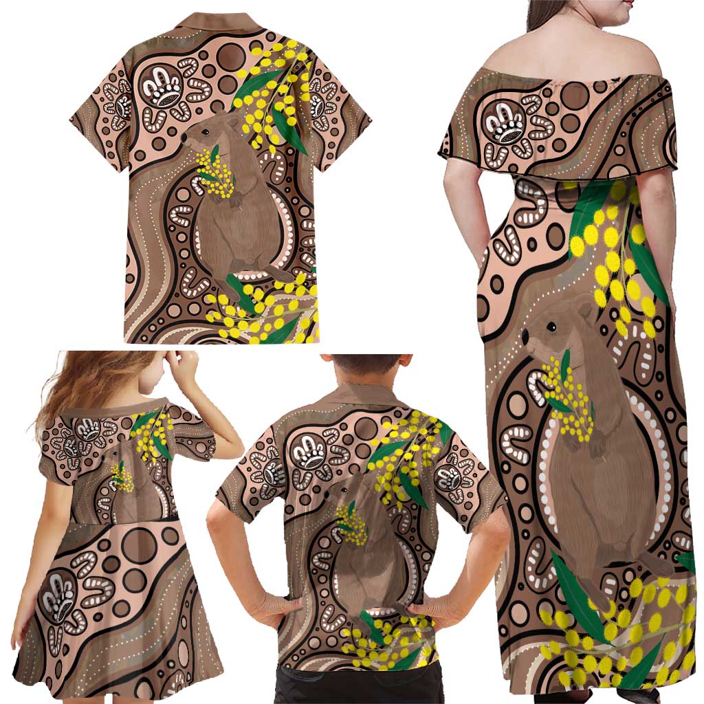 Australia Cute Quokka Family Matching Off Shoulder Maxi Dress and Hawaiian Shirt Indigenous Art With Golden Wattle