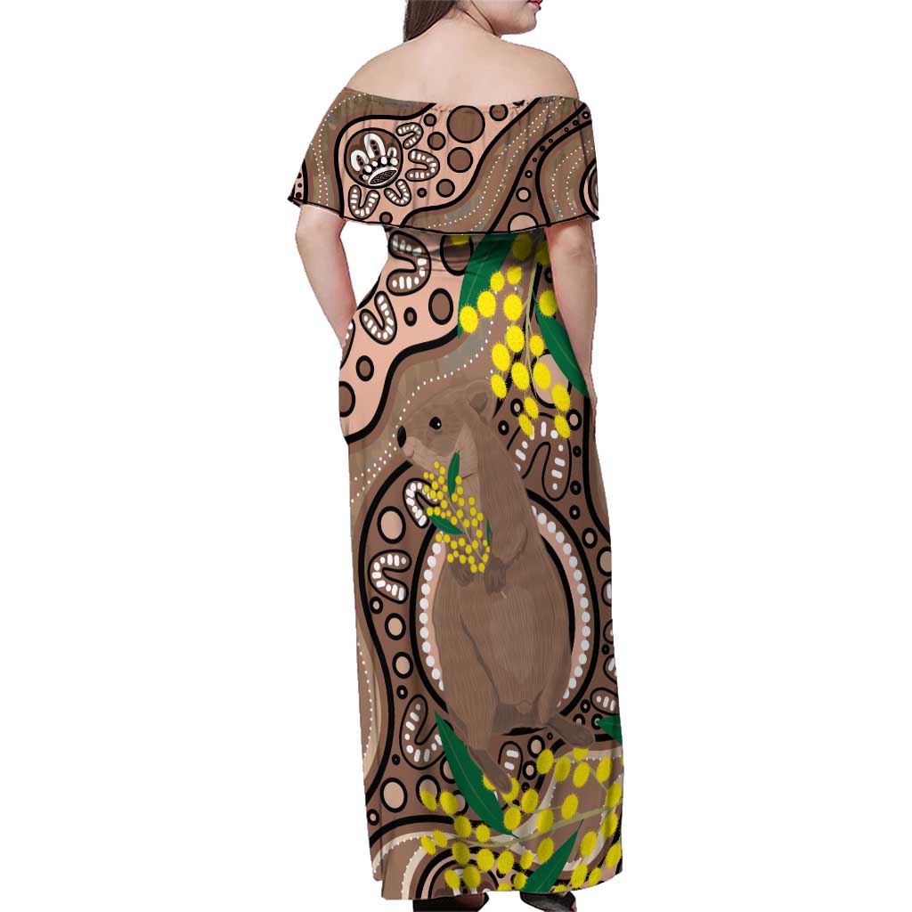 Australia Cute Quokka Family Matching Off Shoulder Maxi Dress and Hawaiian Shirt Indigenous Art With Golden Wattle
