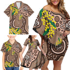 Australia Cute Quokka Family Matching Off Shoulder Short Dress and Hawaiian Shirt Indigenous Art With Golden Wattle
