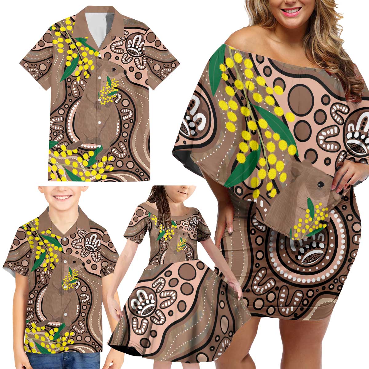 Australia Cute Quokka Family Matching Off Shoulder Short Dress and Hawaiian Shirt Indigenous Art With Golden Wattle