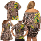 Australia Cute Quokka Family Matching Off Shoulder Short Dress and Hawaiian Shirt Indigenous Art With Golden Wattle