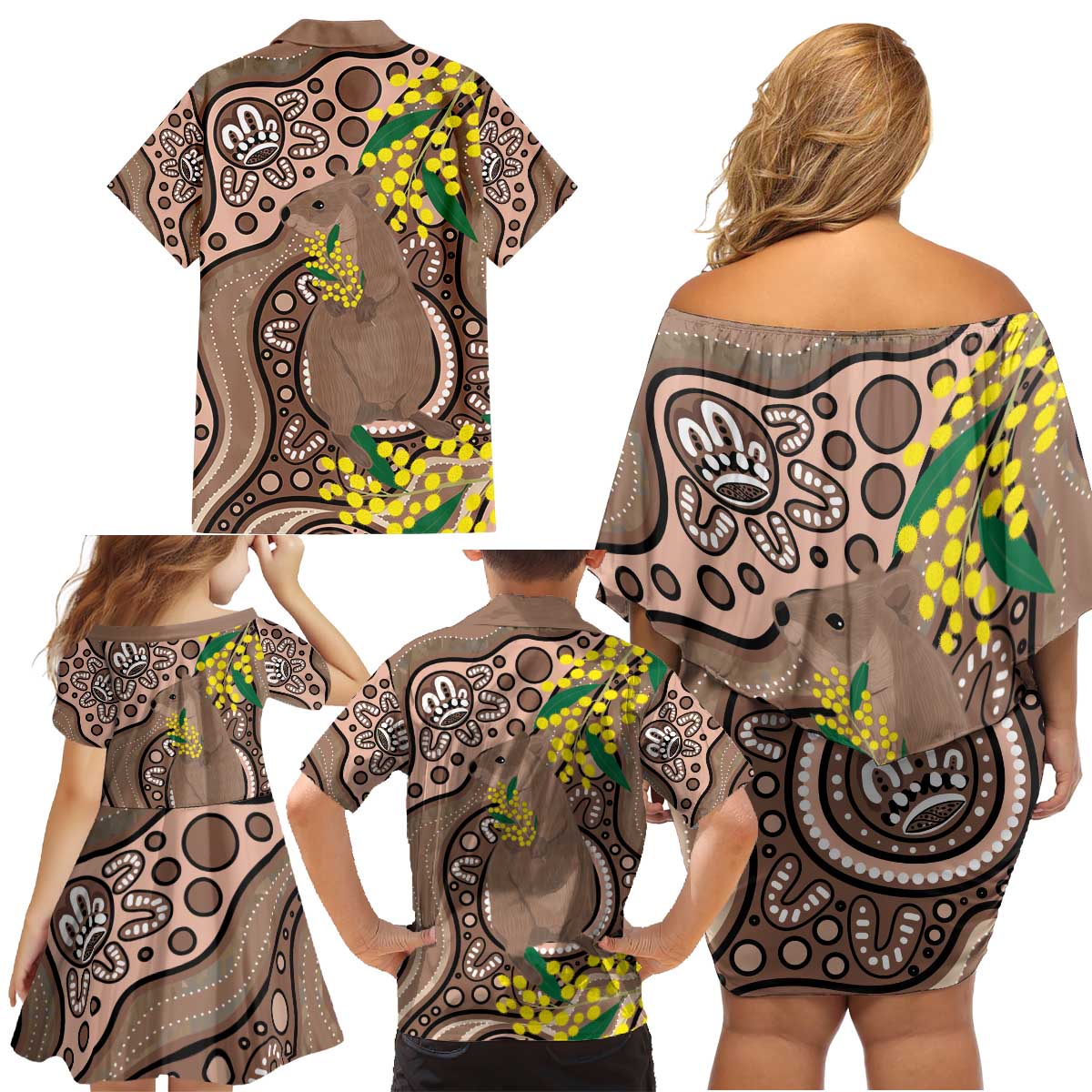 Australia Cute Quokka Family Matching Off Shoulder Short Dress and Hawaiian Shirt Indigenous Art With Golden Wattle