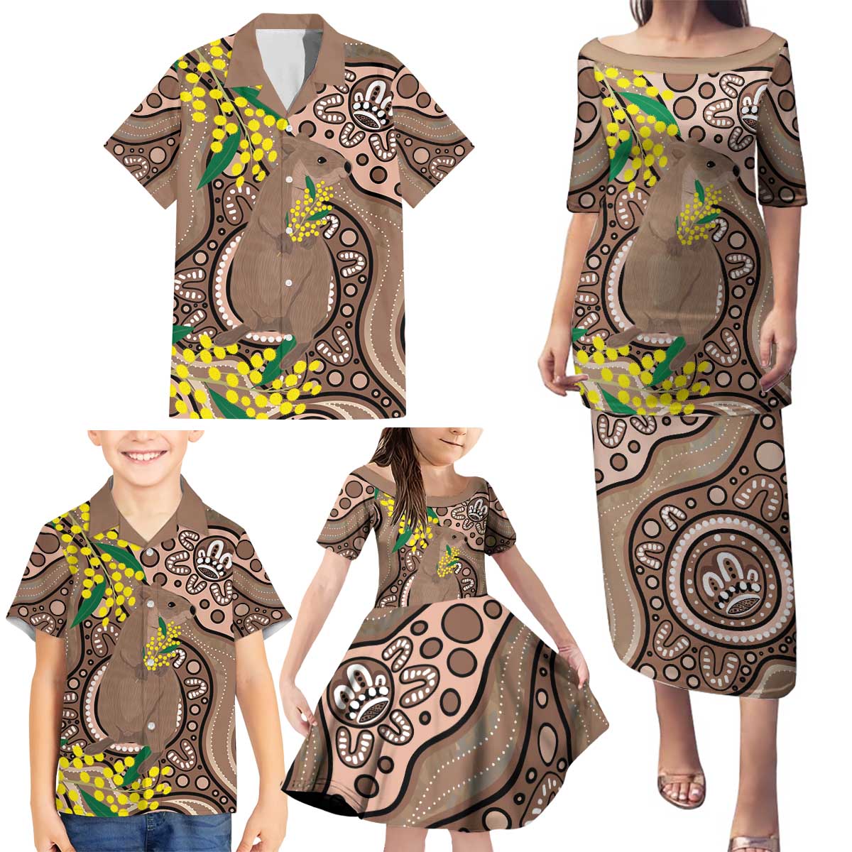 Australia Cute Quokka Family Matching Puletasi and Hawaiian Shirt Indigenous Art With Golden Wattle