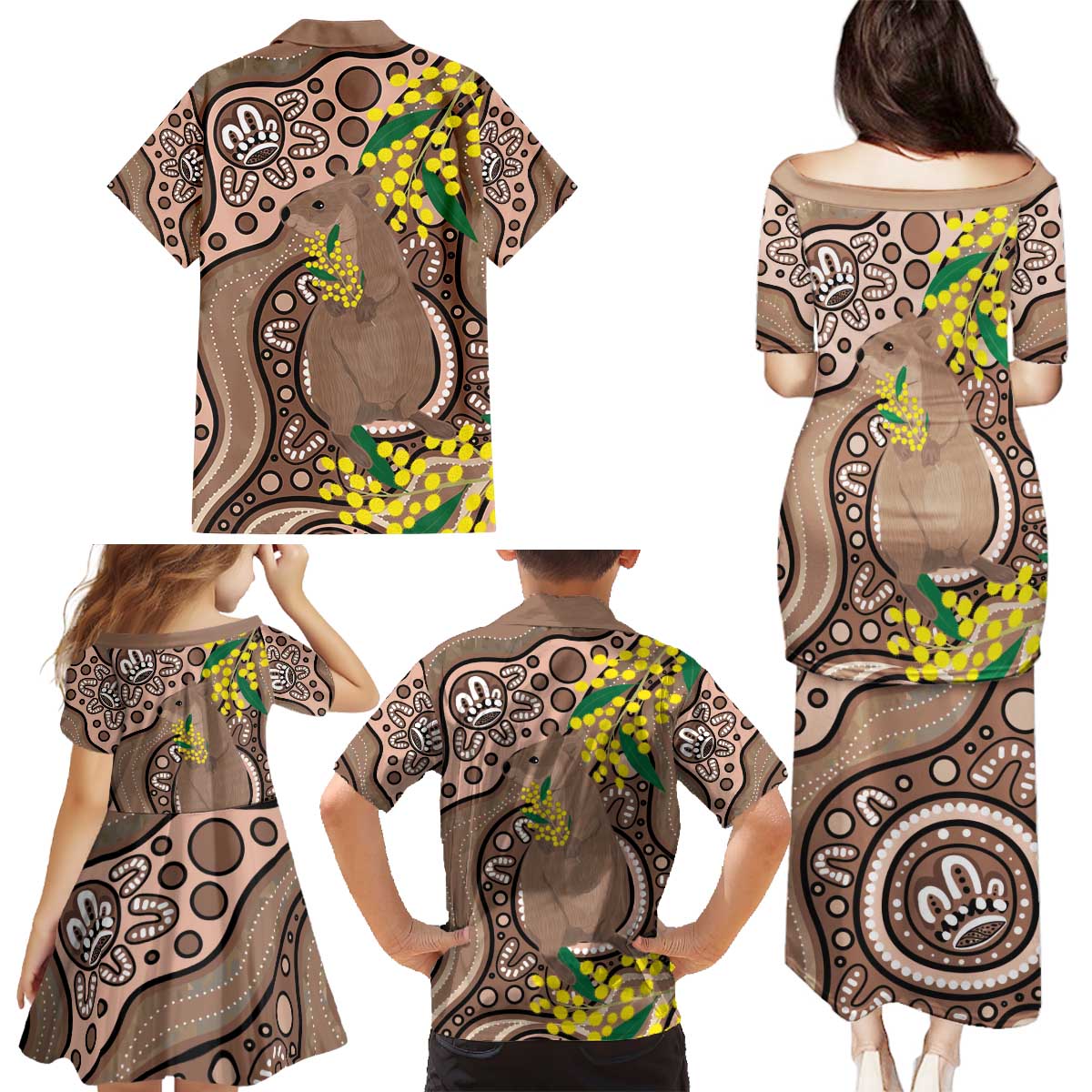 Australia Cute Quokka Family Matching Puletasi and Hawaiian Shirt Indigenous Art With Golden Wattle
