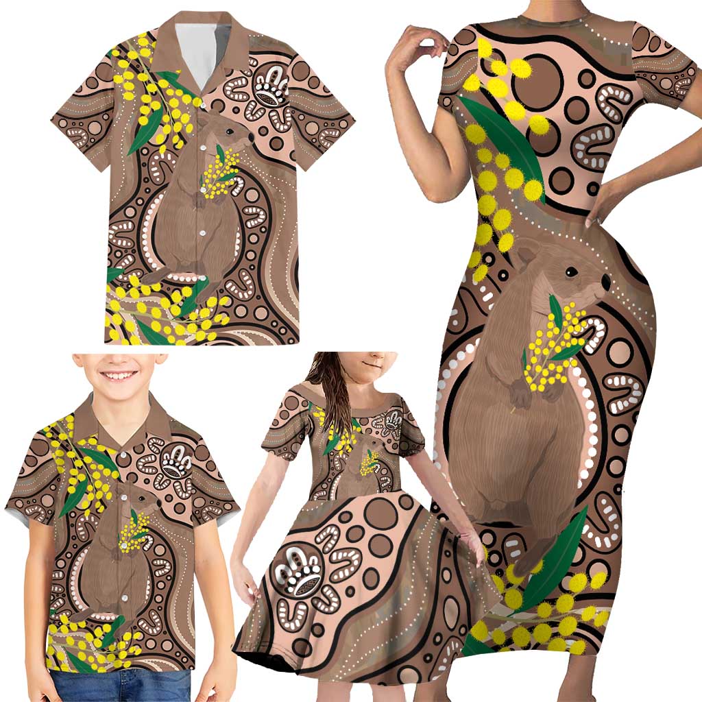 Australia Cute Quokka Family Matching Short Sleeve Bodycon Dress and Hawaiian Shirt Indigenous Art With Golden Wattle