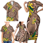 Australia Cute Quokka Family Matching Short Sleeve Bodycon Dress and Hawaiian Shirt Indigenous Art With Golden Wattle