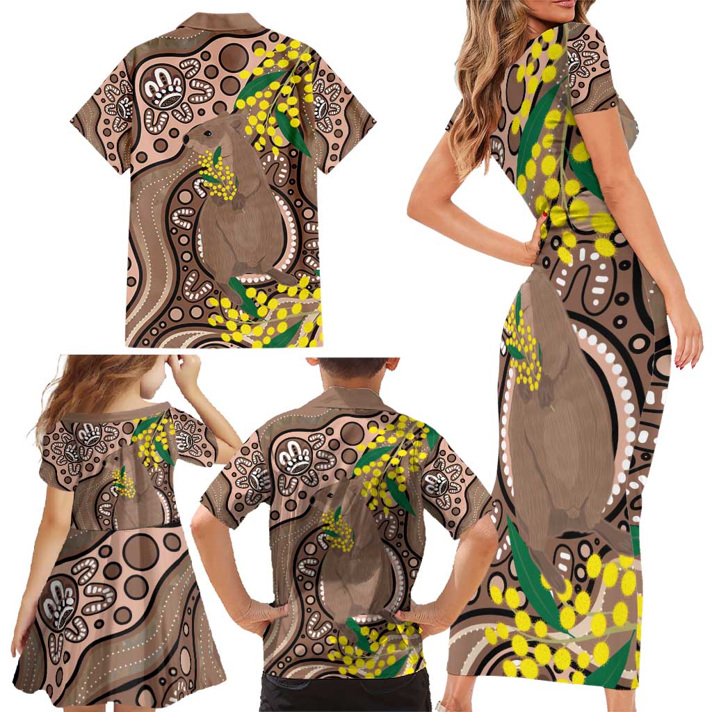 Australia Cute Quokka Family Matching Short Sleeve Bodycon Dress and Hawaiian Shirt Indigenous Art With Golden Wattle