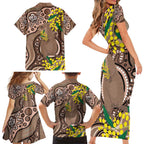 Australia Cute Quokka Family Matching Short Sleeve Bodycon Dress and Hawaiian Shirt Indigenous Art With Golden Wattle