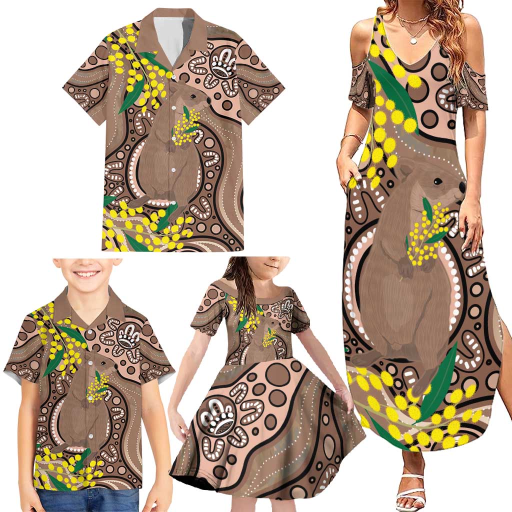 Australia Cute Quokka Family Matching Summer Maxi Dress and Hawaiian Shirt Indigenous Art With Golden Wattle