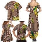 Australia Cute Quokka Family Matching Summer Maxi Dress and Hawaiian Shirt Indigenous Art With Golden Wattle