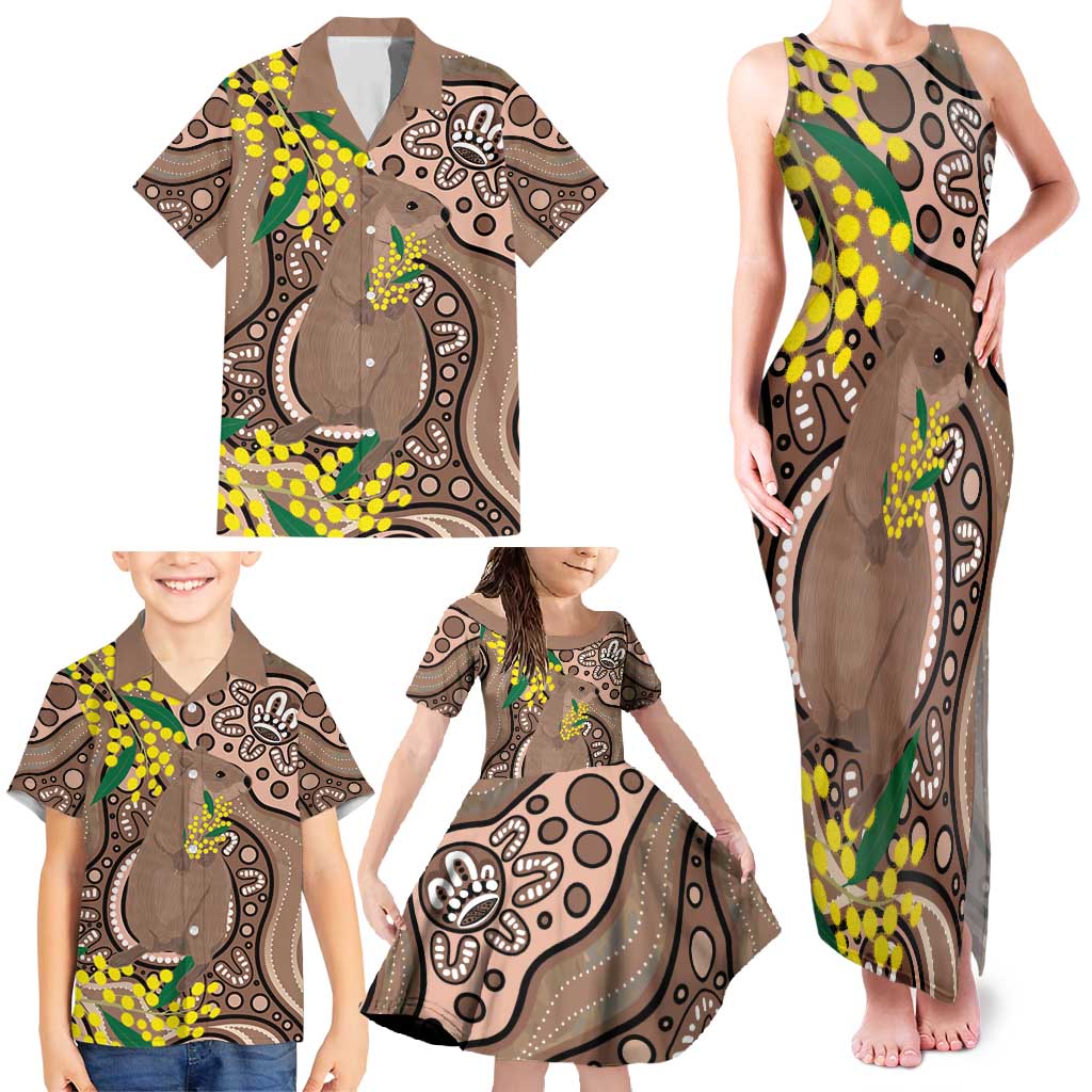 Australia Cute Quokka Family Matching Tank Maxi Dress and Hawaiian Shirt Indigenous Art With Golden Wattle