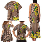 Australia Cute Quokka Family Matching Tank Maxi Dress and Hawaiian Shirt Indigenous Art With Golden Wattle