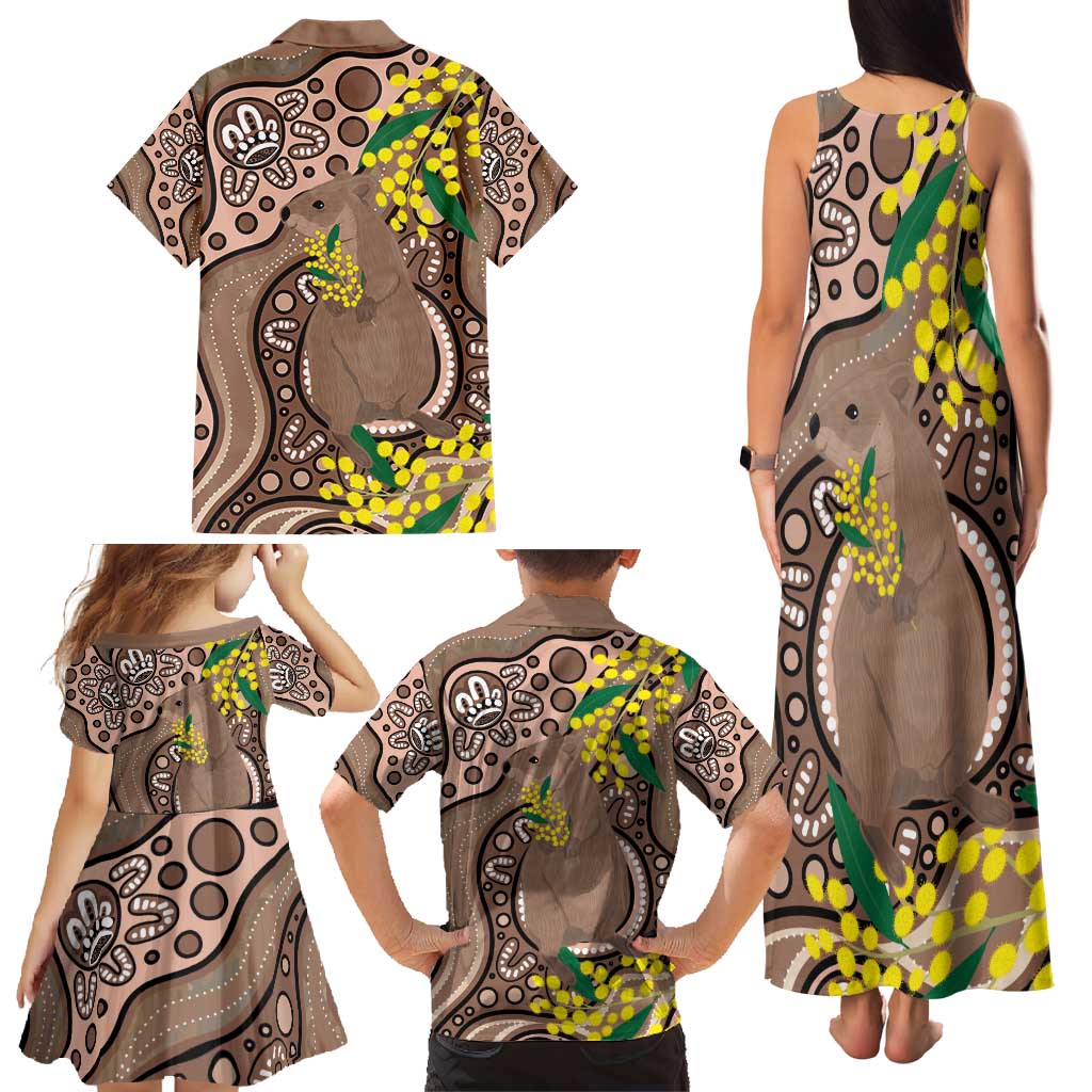 Australia Cute Quokka Family Matching Tank Maxi Dress and Hawaiian Shirt Indigenous Art With Golden Wattle