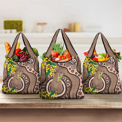 Australia Cute Quokka Grocery Bag Indigenous Art With Golden Wattle