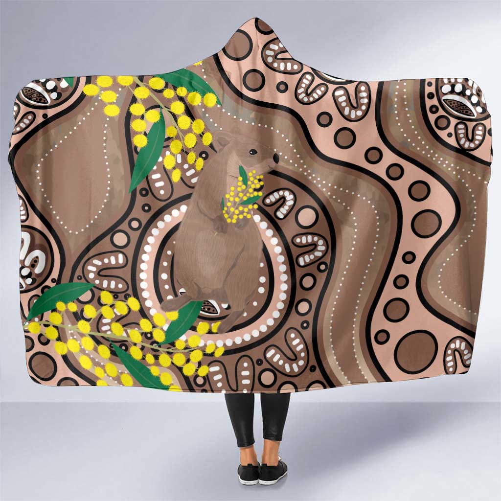 Australia Cute Quokka Hooded Blanket Indigenous Art With Golden Wattle