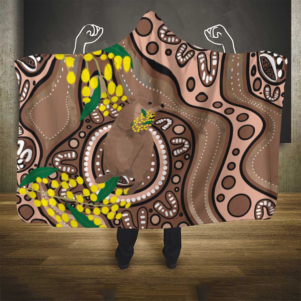 Australia Cute Quokka Hooded Blanket Indigenous Art With Golden Wattle