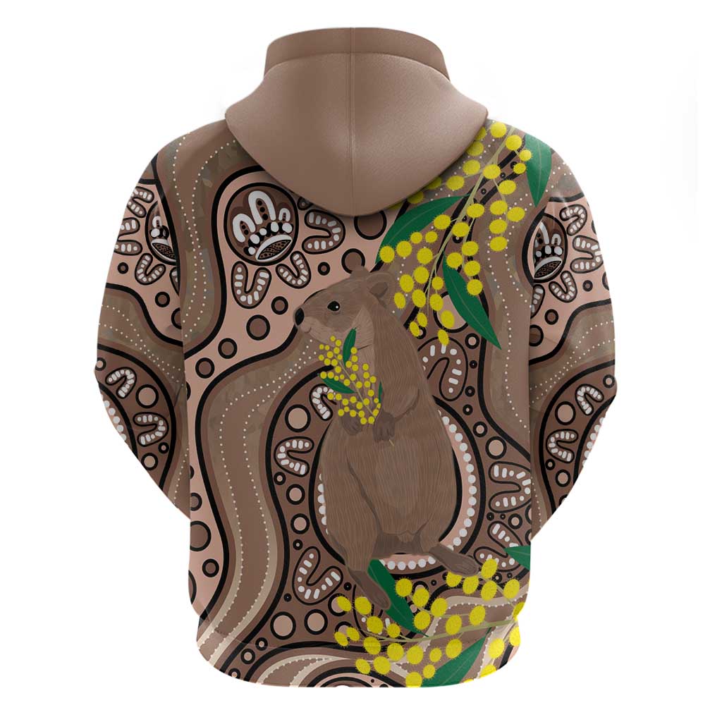 Australia Cute Quokka Hoodie Indigenous Art With Golden Wattle