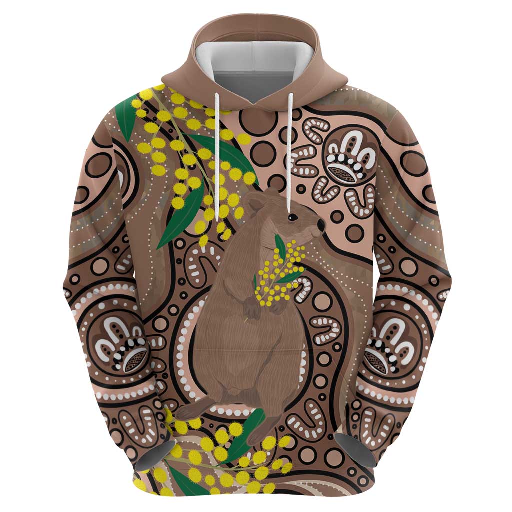 Australia Cute Quokka Hoodie Indigenous Art With Golden Wattle