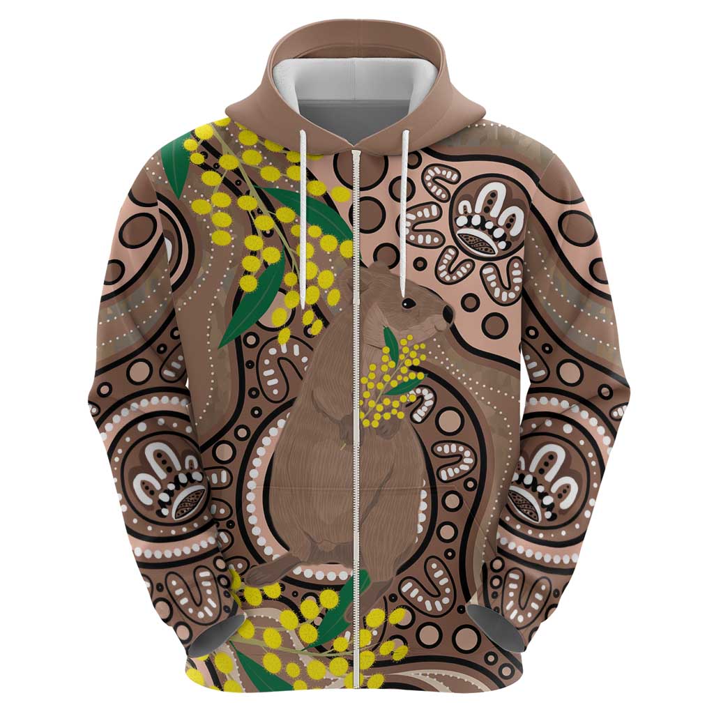 Australia Cute Quokka Hoodie Indigenous Art With Golden Wattle
