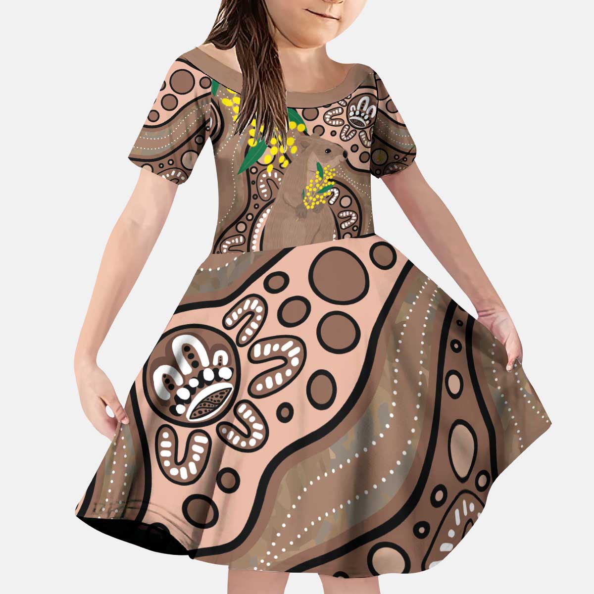 Australia Cute Quokka Kid Short Sleeve Dress Indigenous Art With Golden Wattle