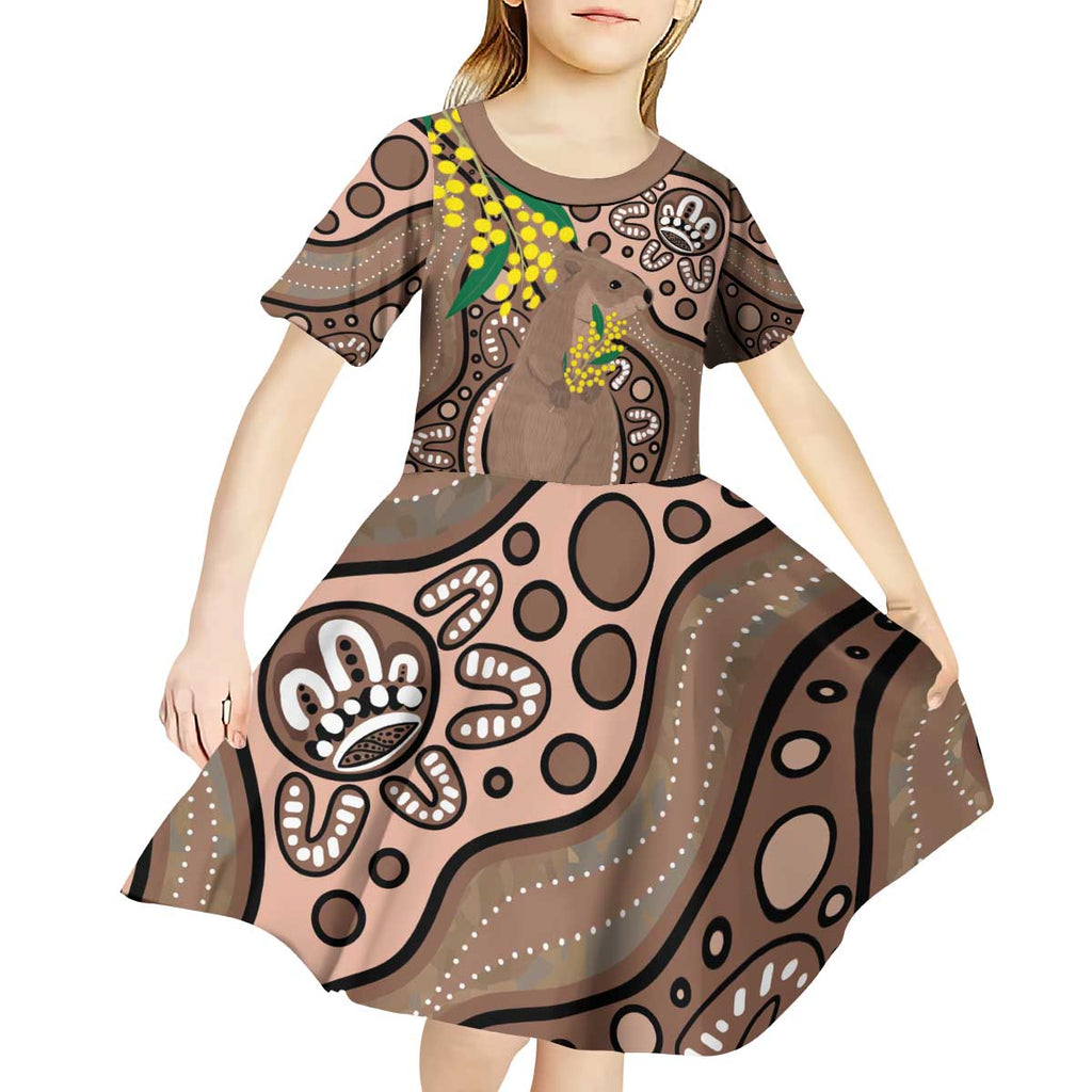 Australia Cute Quokka Kid Short Sleeve Dress Indigenous Art With Golden Wattle