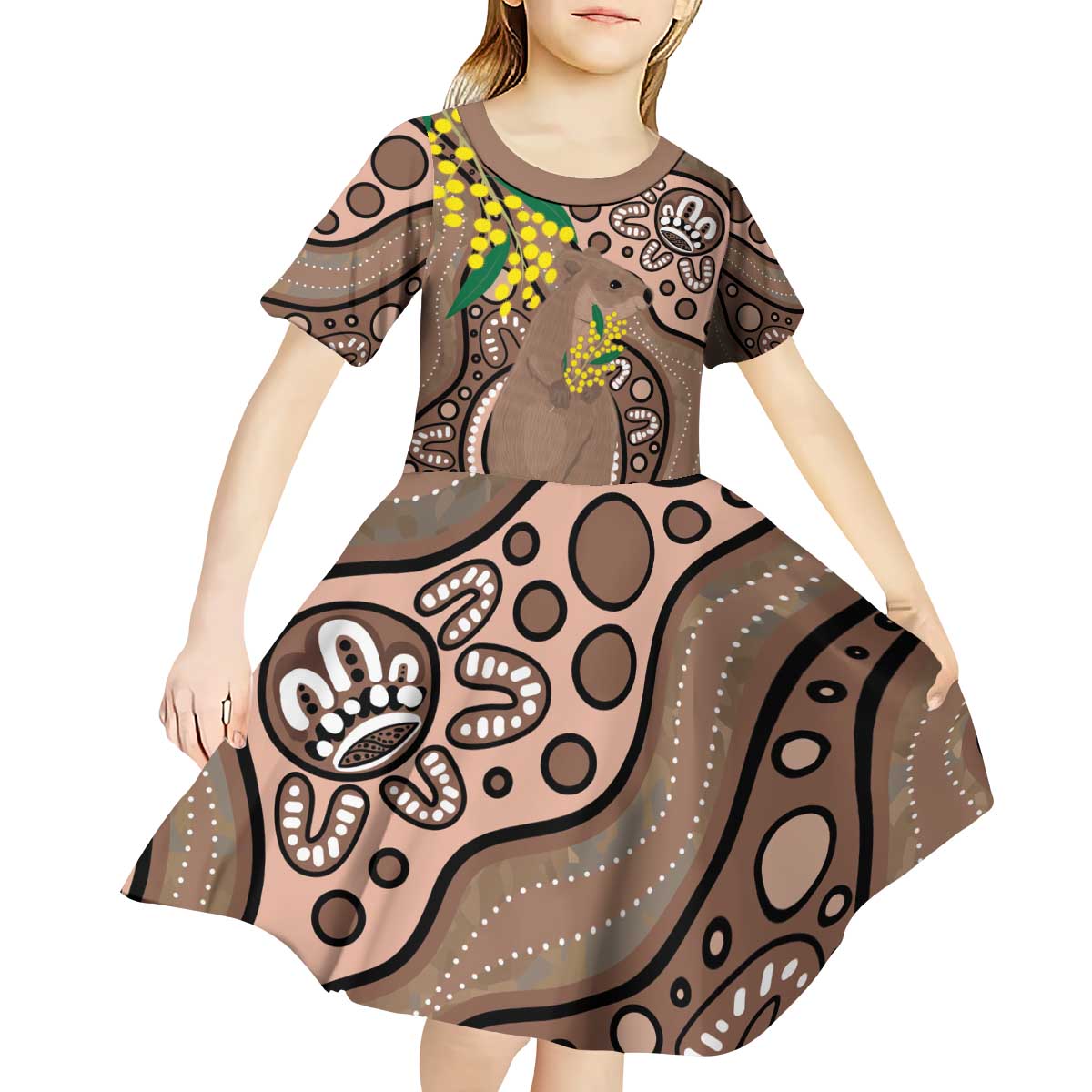 Australia Cute Quokka Kid Short Sleeve Dress Indigenous Art With Golden Wattle
