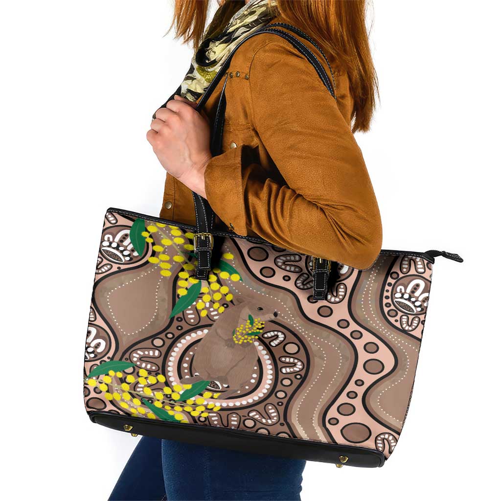 Australia Cute Quokka Leather Tote Bag Indigenous Art With Golden Wattle