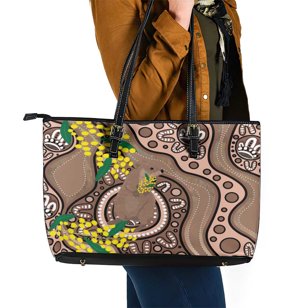 Australia Cute Quokka Leather Tote Bag Indigenous Art With Golden Wattle