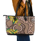Australia Cute Quokka Leather Tote Bag Indigenous Art With Golden Wattle