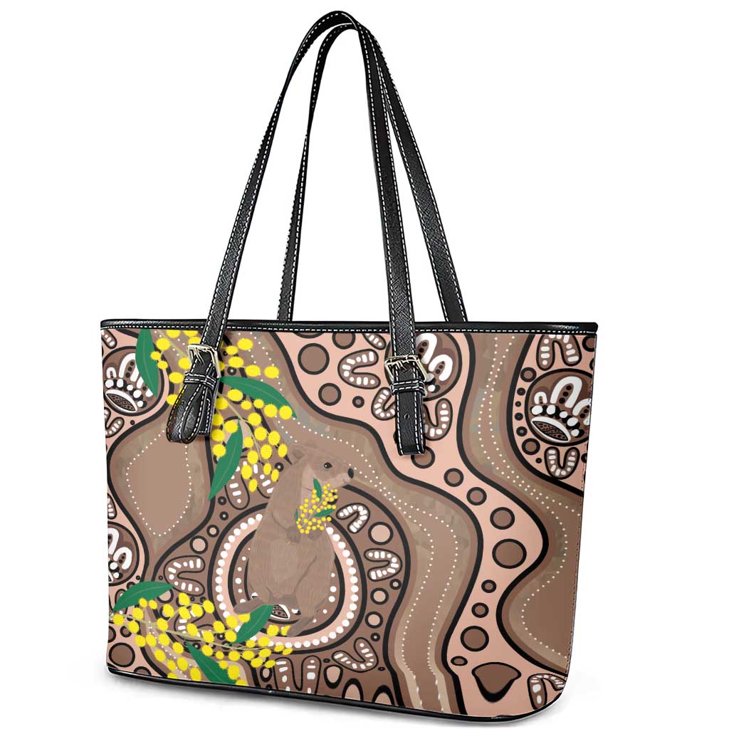 Australia Cute Quokka Leather Tote Bag Indigenous Art With Golden Wattle