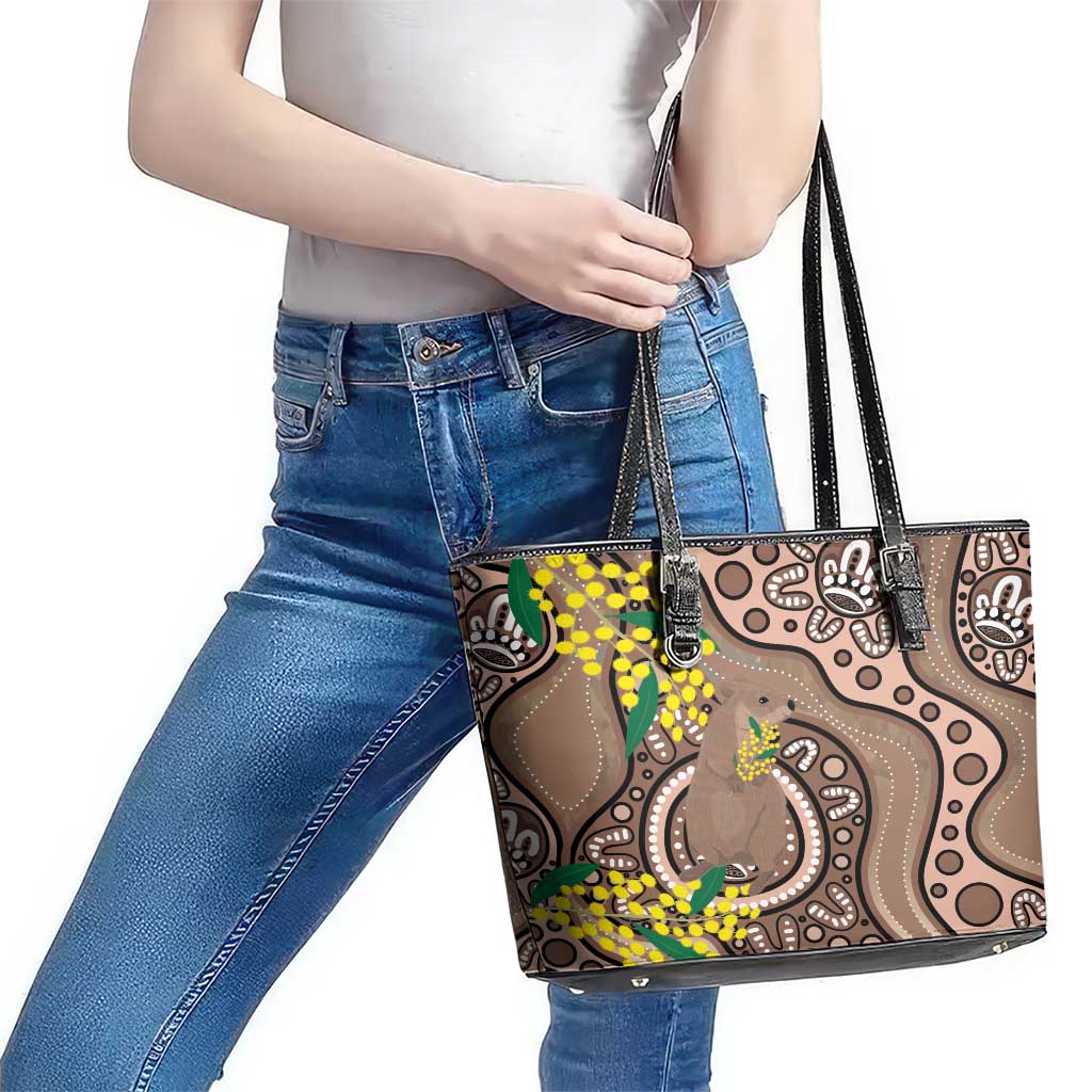 Australia Cute Quokka Leather Tote Bag Indigenous Art With Golden Wattle