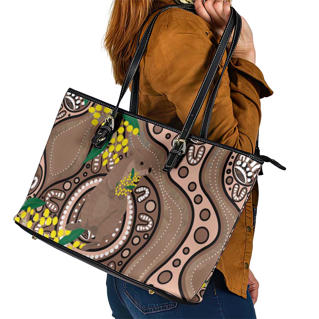 Australia Cute Quokka Leather Tote Bag Indigenous Art With Golden Wattle