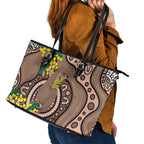 Australia Cute Quokka Leather Tote Bag Indigenous Art With Golden Wattle