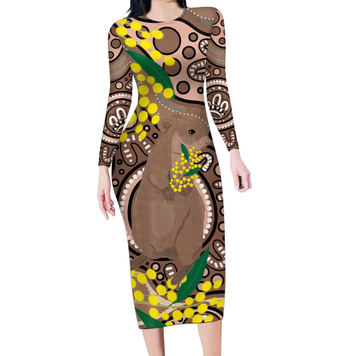 Australia Cute Quokka Long Sleeve Bodycon Dress Indigenous Art With Golden Wattle
