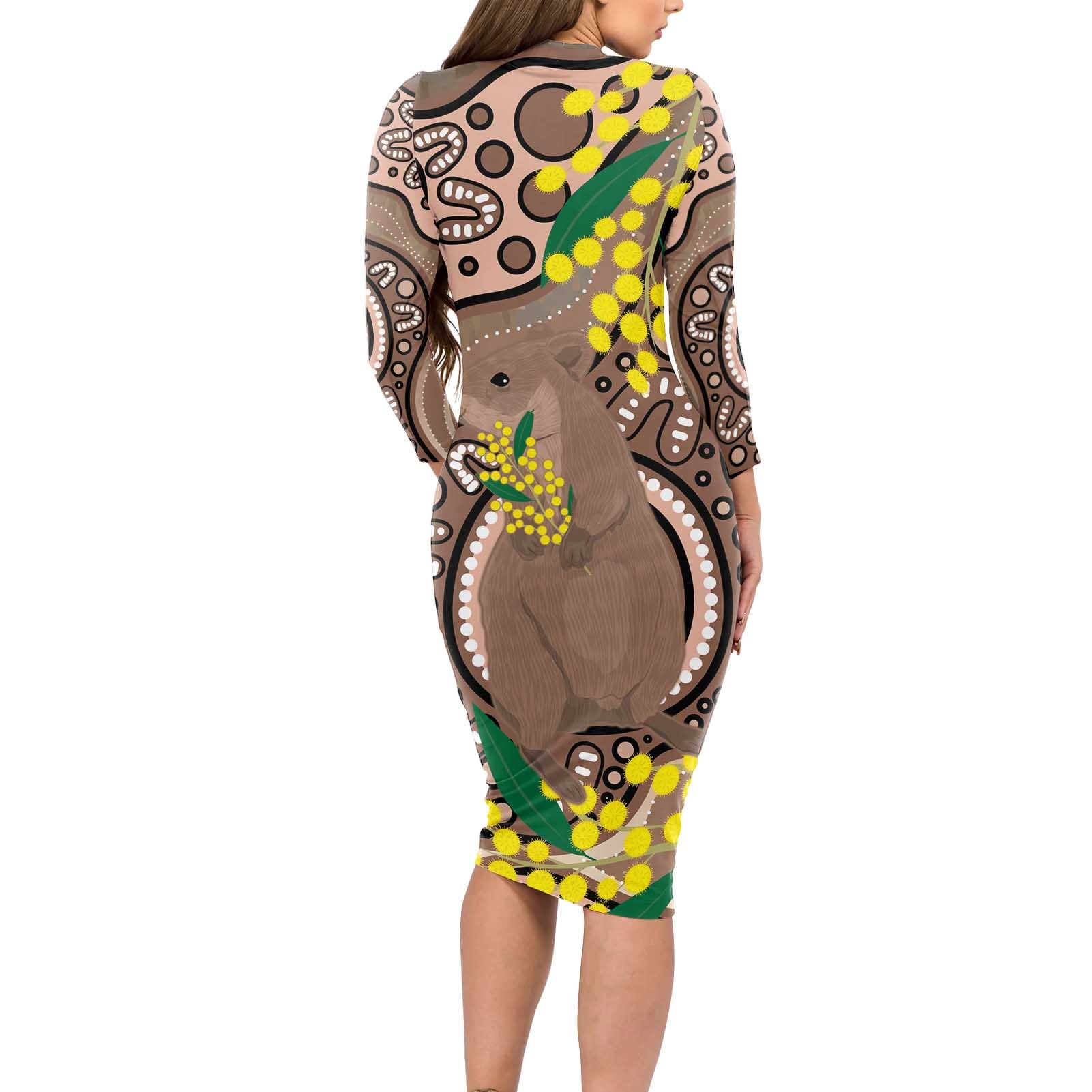 Australia Cute Quokka Long Sleeve Bodycon Dress Indigenous Art With Golden Wattle