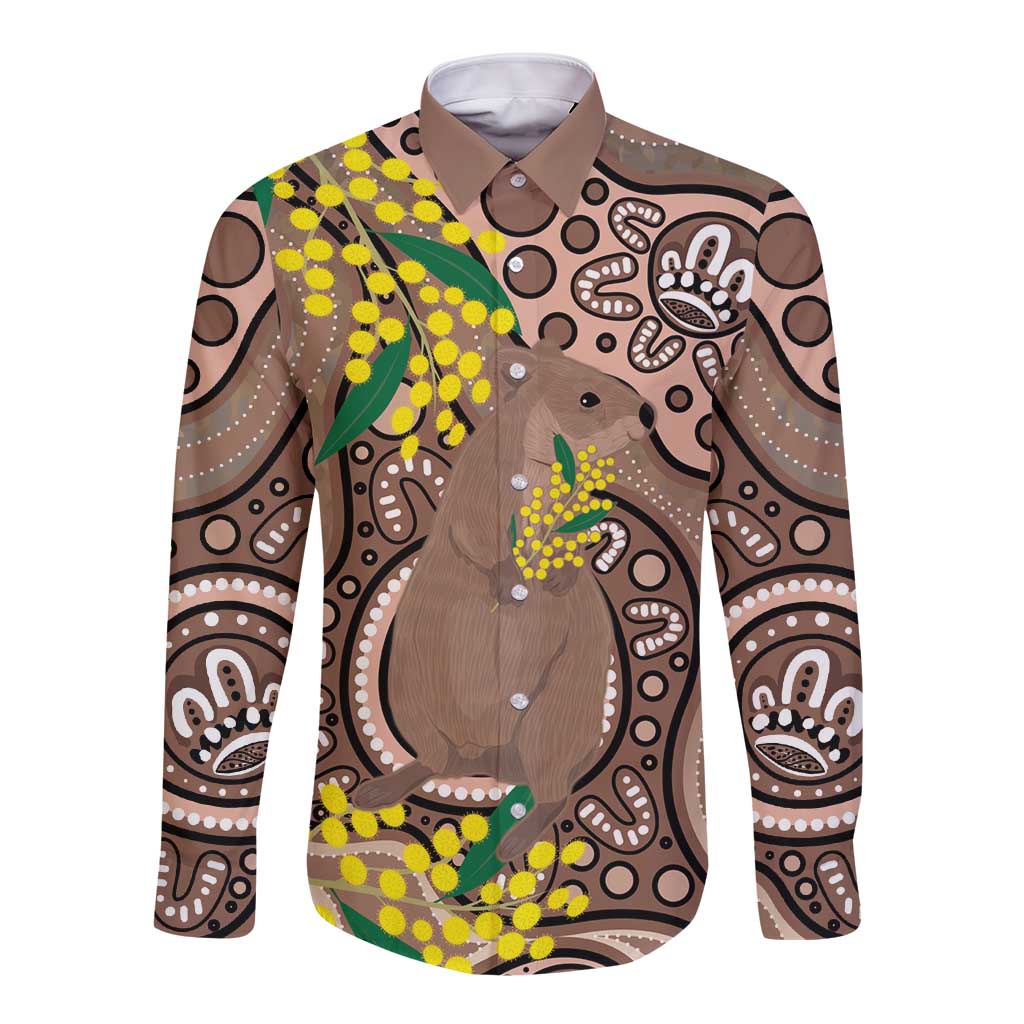 Australia Cute Quokka Long Sleeve Button Shirt Indigenous Art With Golden Wattle